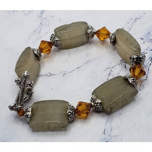 Silver Tone Orange and Cream Beaded Toggle Clasp Stackable Bracelet